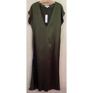 LBLC THE LABEL Olive Green Maxi Dress Deep V Neck Kaftan Style‎ Size L